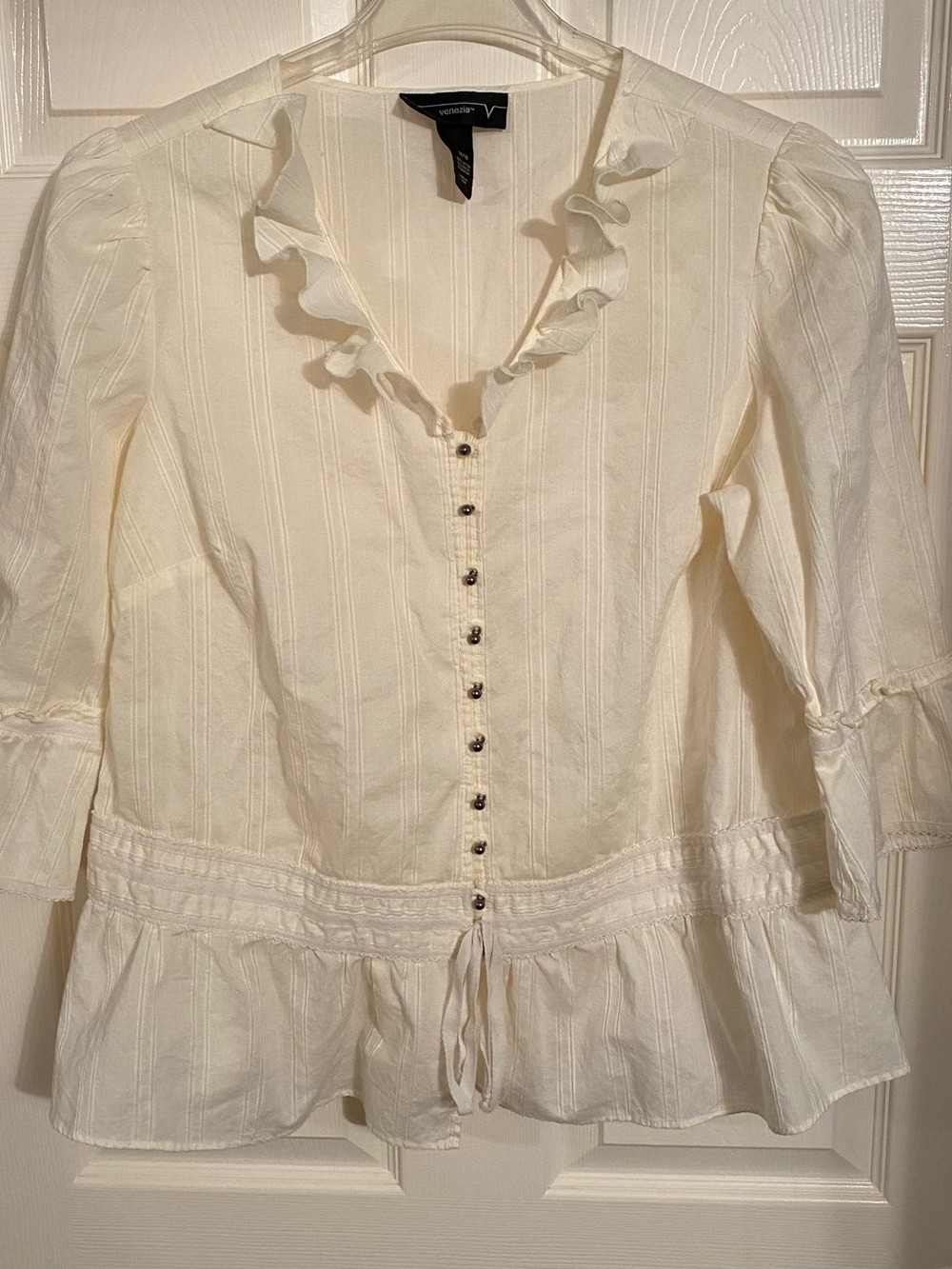 Venezia Cream Ruffle-Trim Button Front Peplum Top